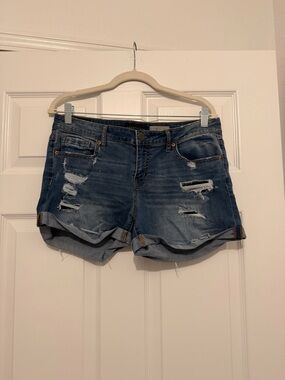 Aeropostale Distressed Dark Blue Denim Roll-Cuff Shorts